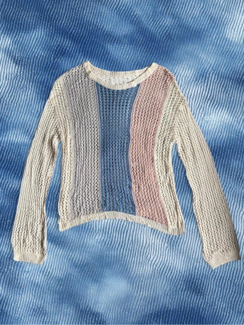 Hand Crafted Open-Knit Crewneck Sweater in Cream, Blue, Lavender & Pink